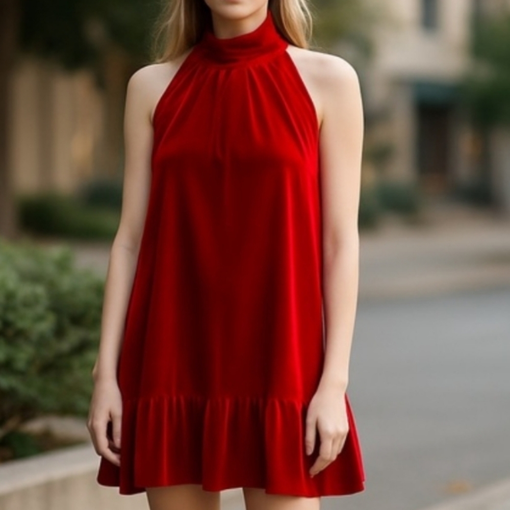 Calvin Klein Deep Red Velvet High Neck Sleeveless Dress Size 4